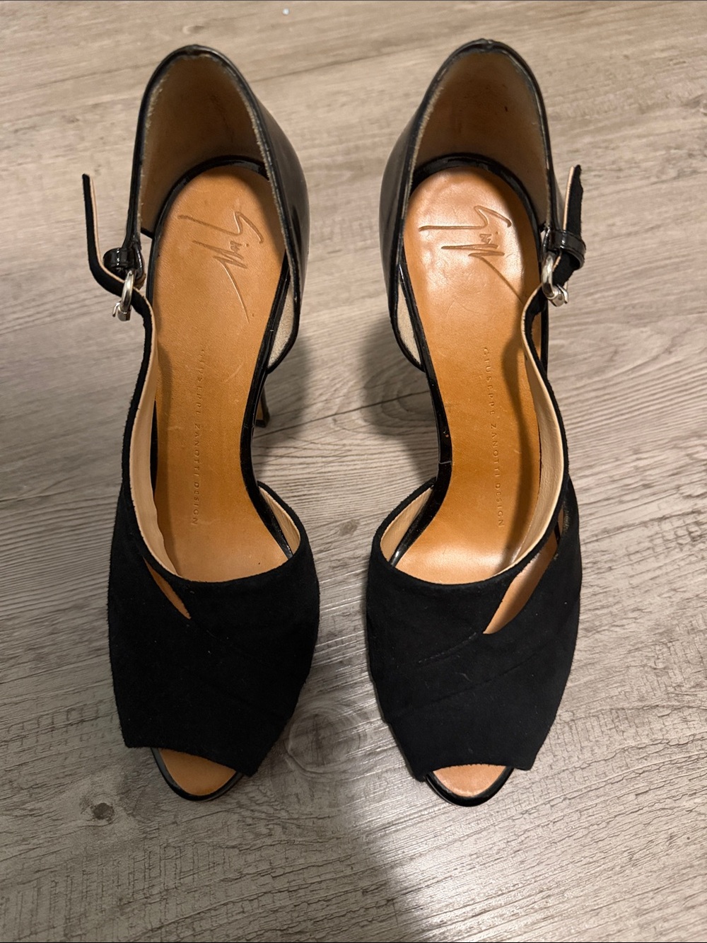 Giuseppe Zanotti Black Suede Peep-Toe Ankle Strap Heels